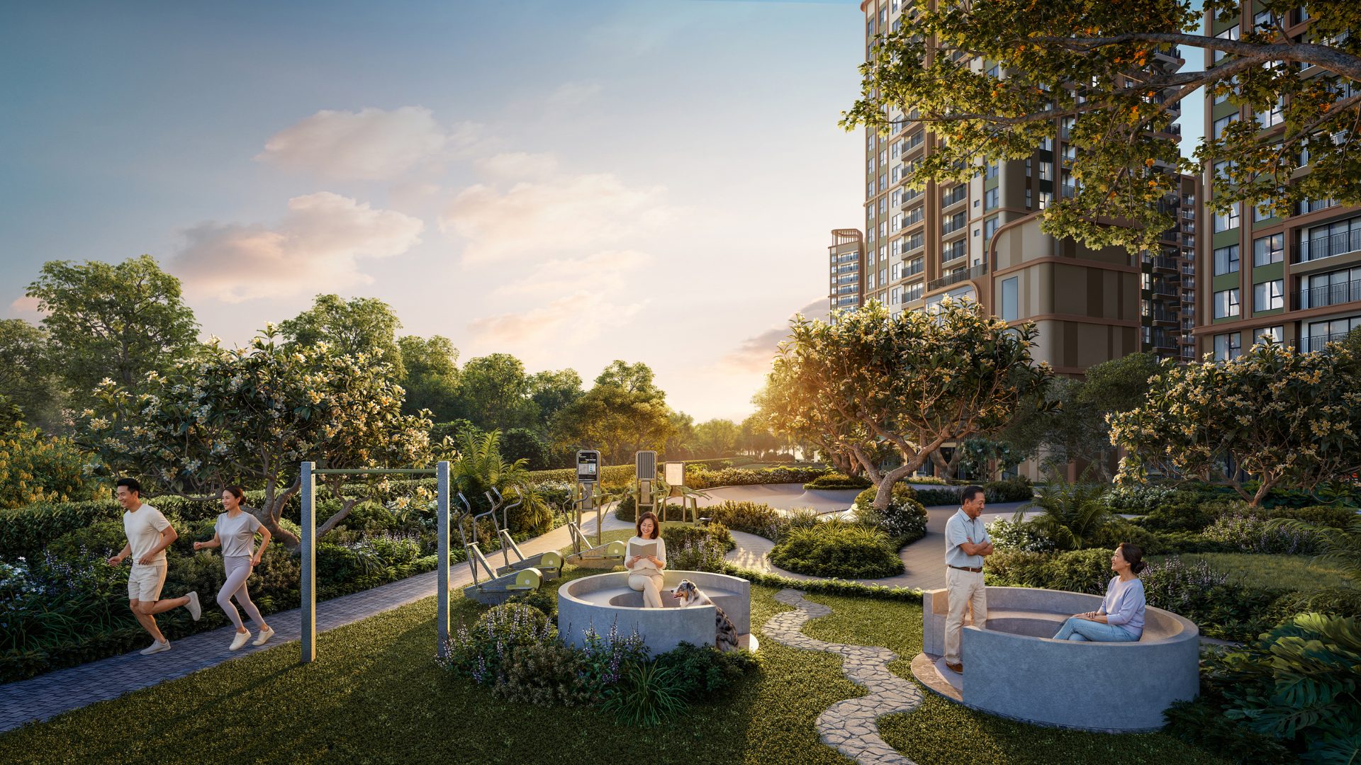 Lối chạy bộ giữa rừng cây trong công viên nội khu Norton Park