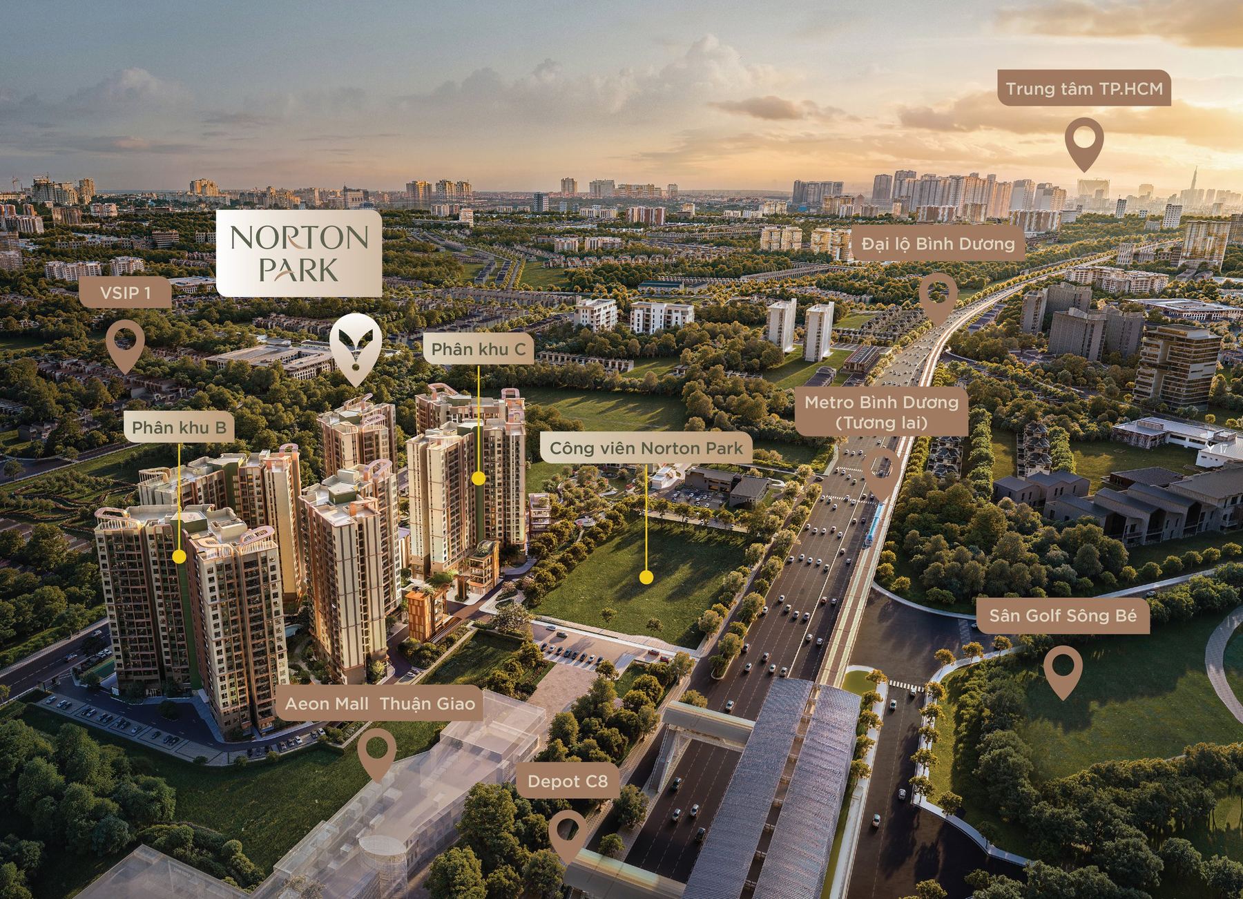 Phối cảnh tổng thể Norton Park: phân khu B, phân khu C, công viên Norton Park, Aeon Mall Thuận Giao, VSIP 1, Metro Bình Dương, sân golf Sông Bé, Đại lộ Bình Dương về trung tâm TP.HCM