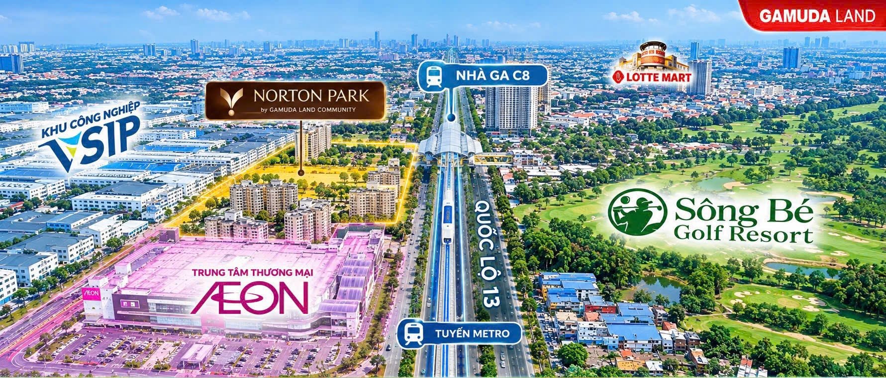 Vị trí thực tế Norton Park: liền kề Aeon Mall, KCN VSIP, nhà ga C8 tuyến Metro trên Quốc lộ 13, đối diện Sông Bé Golf Resort
