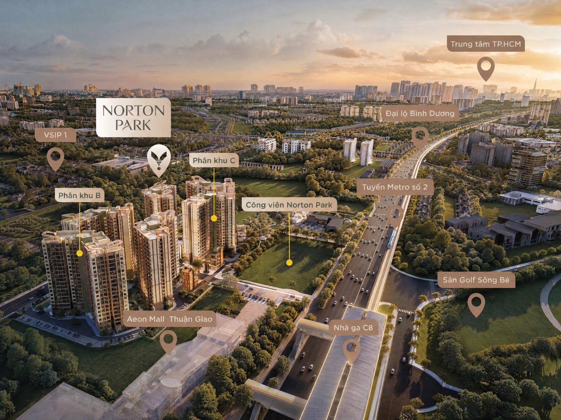 Toàn cảnh khu vực: VSIP 1, Aeon Mall, tuyến Metro số 2, sân golf Sông Bé và Norton Park